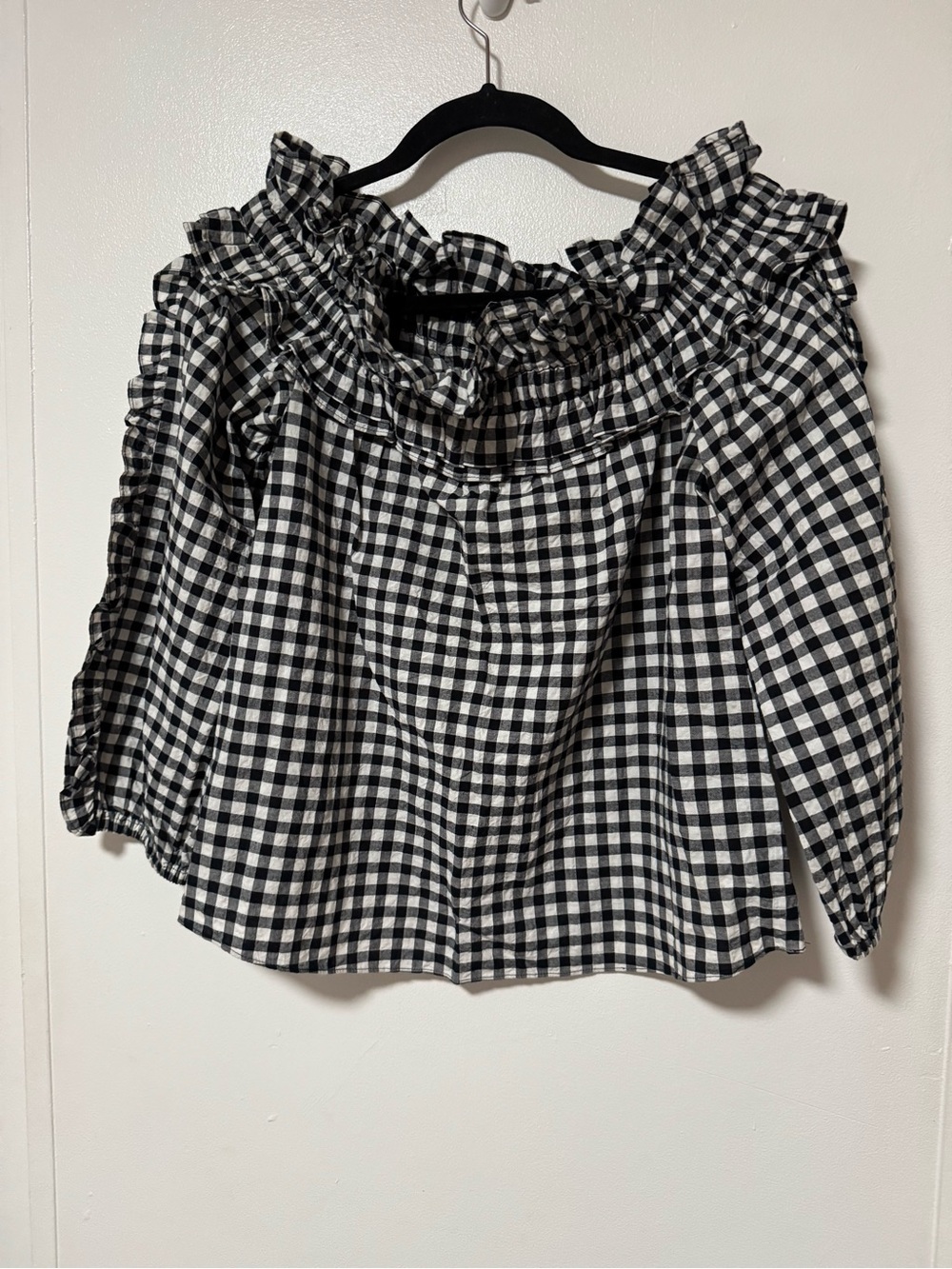 RACHEL Rachel Roy Black & White Gingham Off-Shoulder Ruffle Top